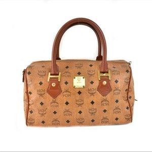 MCM Women's Cognac Brown Leather Straps Logo Tote Boston Bag
